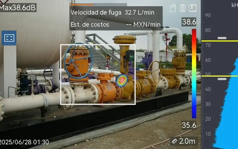 Secuencia de capturas de cámara acústica localizando fugas en instalaciones de superficie